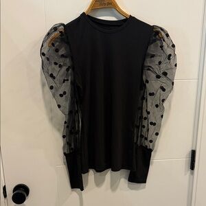 Elegant Black Top with Sheer Polka Dot Sleeves size small